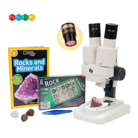United Scope. AmScope 20X-50X Kid's Deluxe Stereo Microscope with Digital Camera, Fossil Kit, Dual-Illumination SE102LED-15A-NGRK-TW-E
